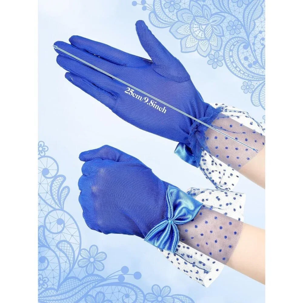 Women's Short Blue Bow Lace Gloves Tea Party Elegant Opera Wedding Accessories